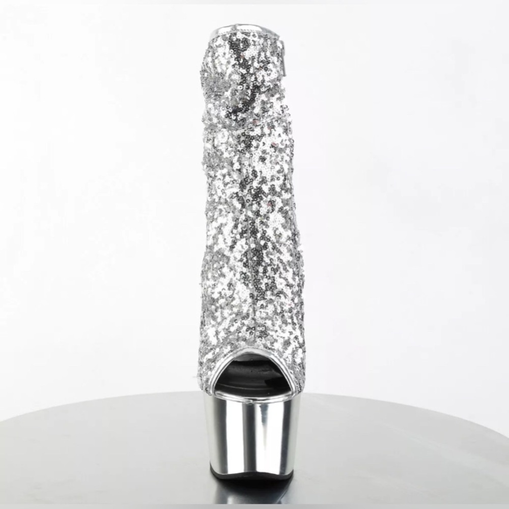🦋B2G1🦋PLEASER 7" Heel Platform Silver Sequins/Chrome Peep Toe Side Zip Stiletto - Picture 5 of 7
